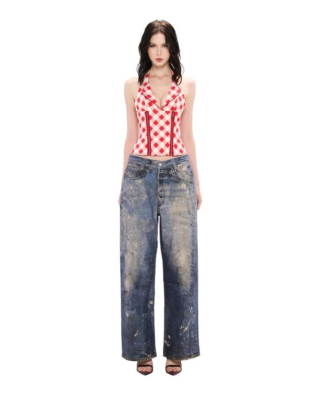  LSOUL - Uzi Top Áo Corset Cổ Yếm Caro Đỏ Hở Lưng + Yeom Bottom Quần Jeans Baggy Họa Tiết Loang A25072829 J25070822 