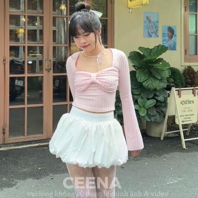 Áo tay dài ống loe Ceena Baby Top Women chất liệu len mềm mịn 3 màu hồng pastel, đen, xám Tay Loe