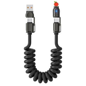 ซุปเปอร์ชาร์จเร็วสี่ในหนึ่งเดียวสปริง, 240W, หดได้, วัสดุโลหะผสมสังกะสี, เหมาะสำหรับสายเคเบิลข้อมูลรถยนต์, เข้ากันได้กับ Apple และ Huawei, 16 พอร์ต