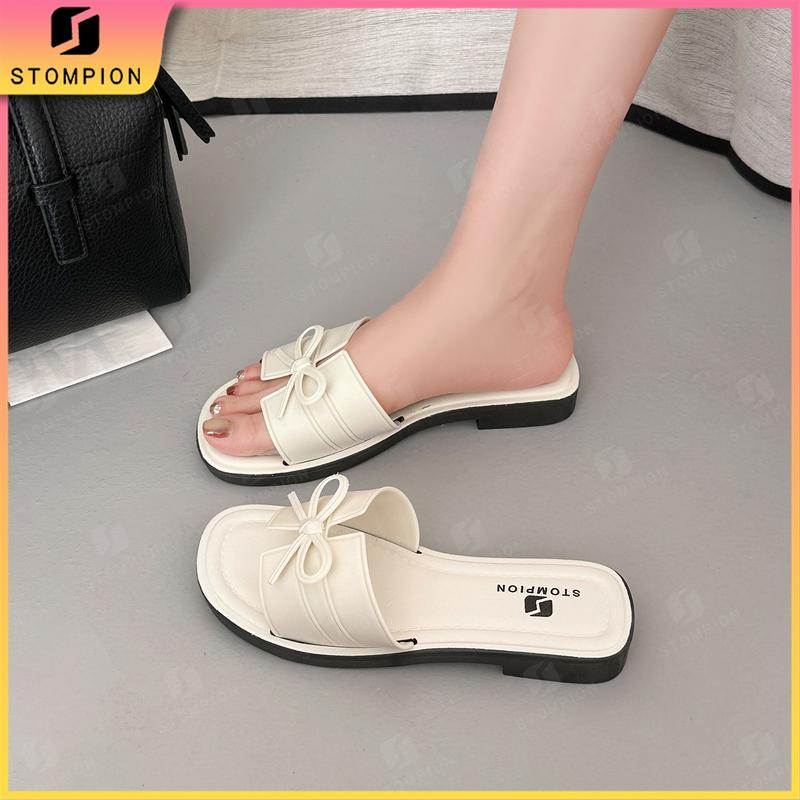 STOMPION Dép quai ngang nữ STOMPION nơ, đế bằng mềm, đi ngoài đa dụng cho chuyến du lịch, 3 màu, size 36-41.