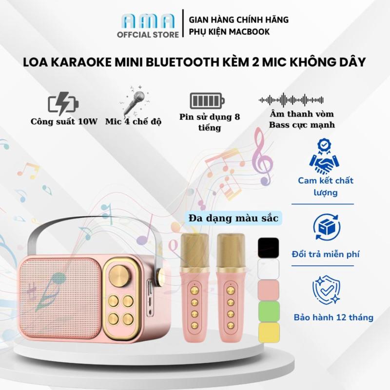 Loa Karaoke Mini Bluetooth kèm 2 Mic không dây công suất lớn, Bass mạnh, âm…