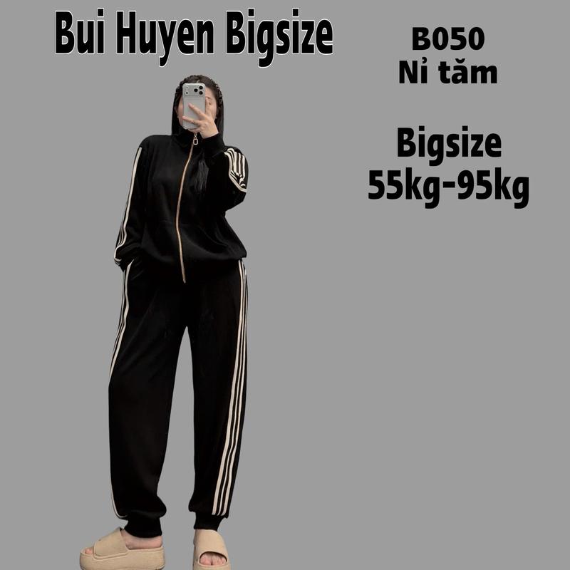  B050-Bộ Nỉ Tăm Áo Khoác Quần Dài Bo Gấu Phối Kẻ BIGSIZE 55-95KG 