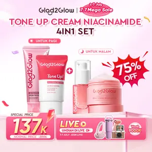 Glad2Glow DAY CREAM GLOW SET 4IN1 - Bright Day Cream+10% Niacinamide Serum + Pomegranate Moisturizer + Milk Cleanser Paket Skincare Mencerahkan Meratakan Warna Kulit Melembabkan Barrier Cerah Flawless Anti Dark Spot | tone cream wajah