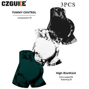 CZGUKE conjunto de 3 pzas para mujer: pantalones cortos de yoga con estampado tie-dye, sin costuras, para ciclismo y correr, cintura alta, aptos para ejercicio, gimnasio y fitness, elásticos