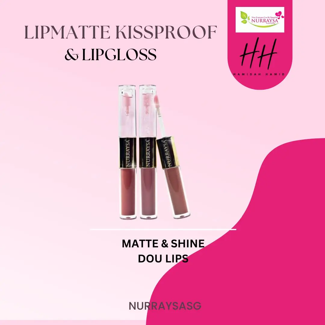 NURRAYSA MATTE & SHINE DOU LIPS  LIPMATTE AND LIPGLOSS SOLAT FRIENDLY WITH GRAPESEED OIL TRANSFER PROOF KISSPROOF