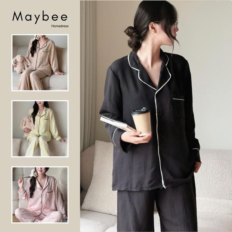 MB-SET-015 Bộ Đồ Ngủ Trơn Viền Né Dáng Rộng, Vải Đũi Cao Cấp Maybee Homdress
