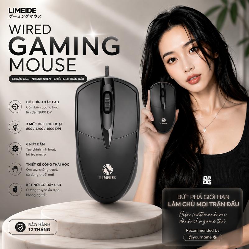 Chuột Có Dây Văn Phòng LIMEIDE N301 USB Click Êm Dpi Ổn Định Dùng Laptop PC Văn Phòng