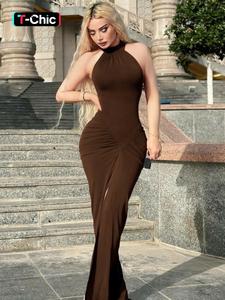 Vestido ajustado de mujer con cuello halter fruncido, elegante y de moda sin mangas con dobladillo dividido para fiestas, club y citas, vestido de verano para mujer, vestido de cóctel