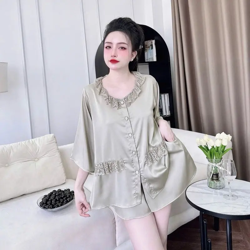 Set Đồ Ngủ Lụa Latin Tay Loe Viền Cổ Phối Ren , Quần Đùi Có Túi (45-75kg) Women 8