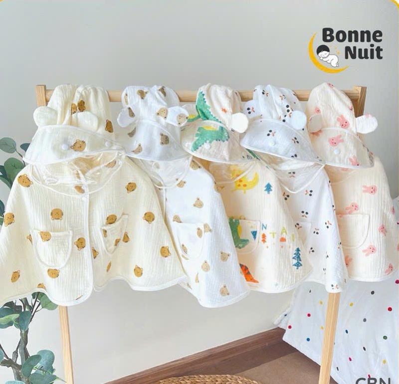 Áo choàng Anchee kèm mũ chắn giọt bắn, tránh gió, nắng, chất xô muslin mềm mại cho bé từ 0-3 tuổi (3-14kg)