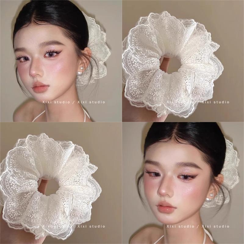 q45 scrunchies dây buộc tóc bản 4 lớp ren lưới hoa tiết hoa nhỏ phong cách Hàn Quốc