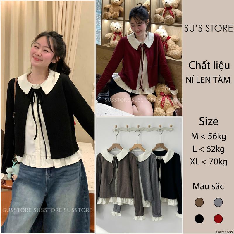  Áo Nỉ Len Tăm Phối Cổ Bẻ Buộc Nơ Tay Bèo A3249 Susstore Thời Trang Nữ 