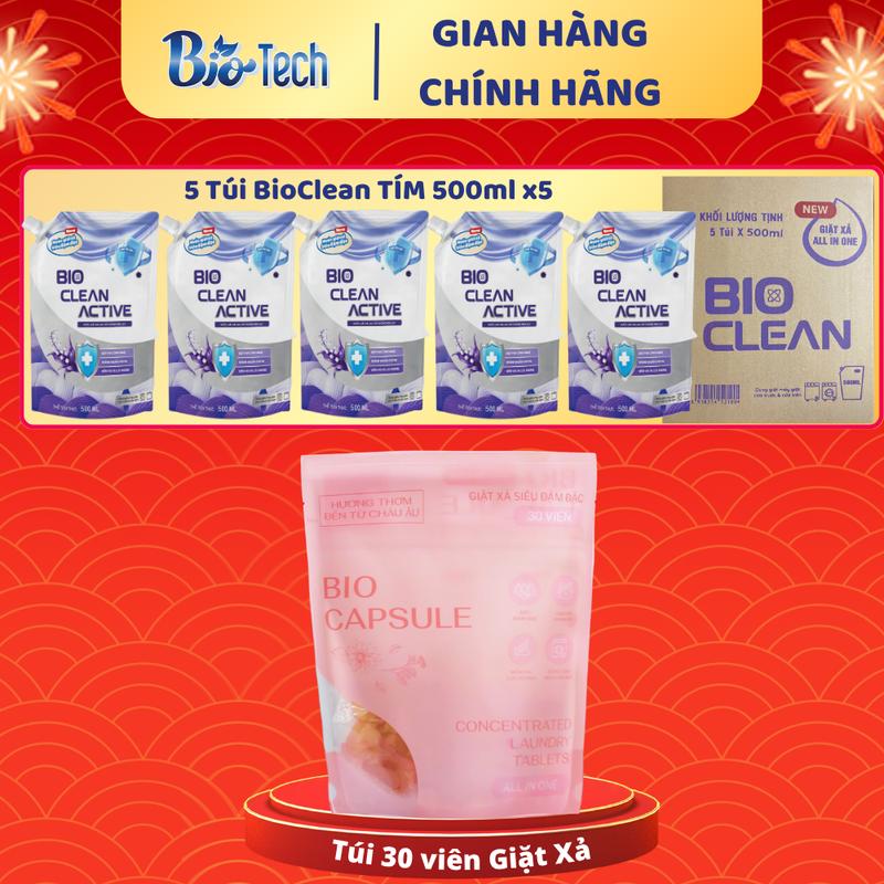 (1) B15 [DEAL SHOCK] "  Mua 1 túi 30 viên giặt xả kép  Tặng - 5 túi nước giặt xả Bio Tím 500ml