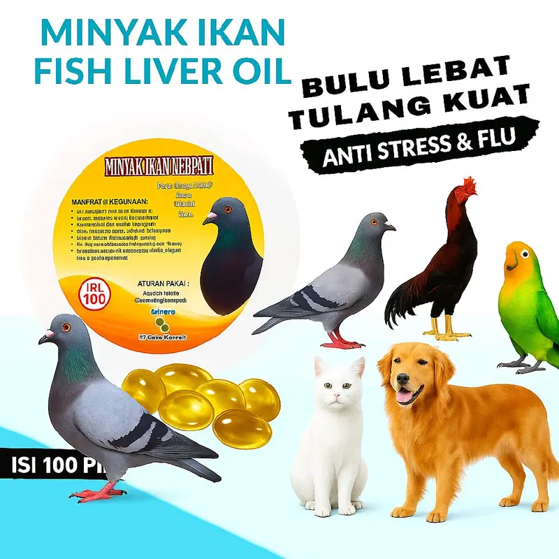 MINYAK IKAN  FISH LIVER OIL BURUNG DAN KUCING  KEMASAN 100 BUTIR Fish Oil untuk Kesehatan Kulit dan Bulu, Daya Tahan Tubuh, Kesehatan Jantung, Mengatasi Bulu Rontok 0