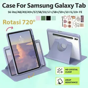 Casing For Galaxy Tab S6 720Rotate Flip Case Tab 6 Lite/A8/A9/S7/S8/S9/S7 FE/S9 FE/S9 FE+ PLUS Autolock Foldable Cover S7 Plus S8 Plus S9 FE+ Acrylic Crystal Clear Protective Tablet Holde pen  Protection case  Transparan casesamsung tab Hitam