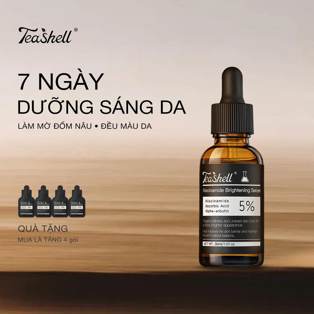 【MUA LÀ TẶNG 4 SẢN PHẨM】FDA chứng nhận Tinh chất làm sáng & làm dịu Teashell 5% Niacinamide +Chiết xuất rễ Khổ Sâm+ Vitamin C + Alpha Arbutin Làm mờ đốm sậm màu · Dưỡng ẩm · Phục hồi hàng rào bảo vệ da Hương lô hội dịu nhẹ