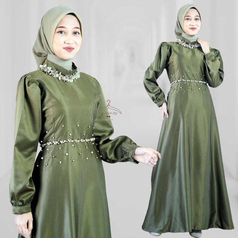 BRINA DRESS MAXI GAUN PESTA BRIDESMAID ATASAN GAMIS WANITA SATIN PREMIUM (AMD) Kondangan Muslim G BRINA OLIVE XXL