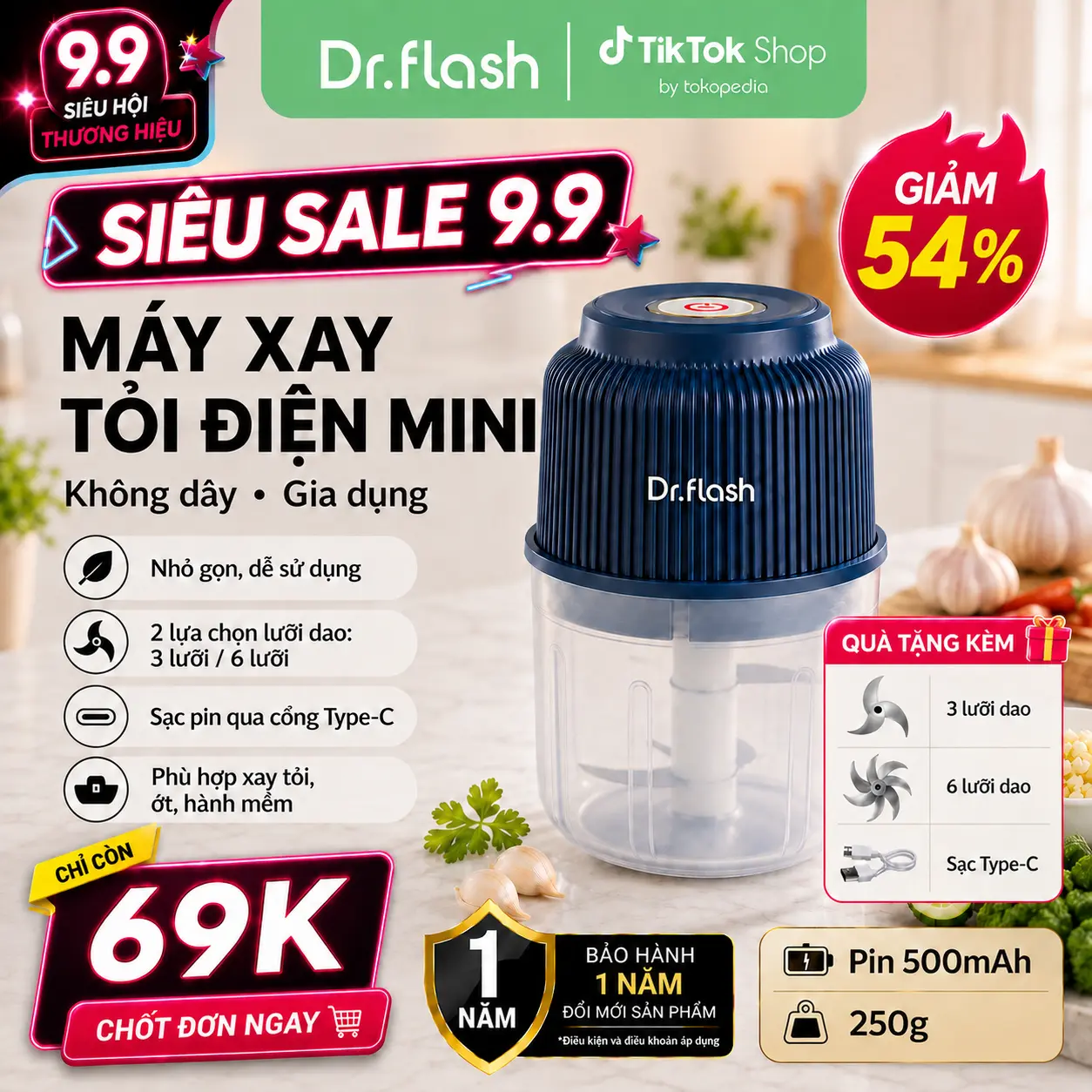 【9.9】Dr.flash  Máy xay tỏi điện mini gia dụng – không dây – pin 500mAh – 250g