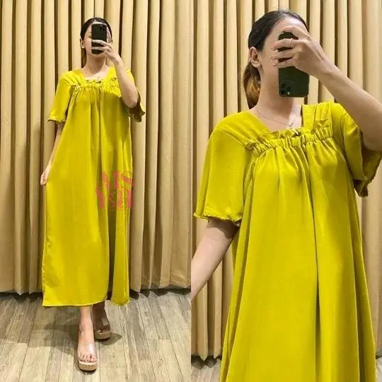 Daster Fuji Crinkle Airflow Kekinian Panjang - Homedress Ruffle Fuji Style Audy Maura Slim Premium dress 3/4 0