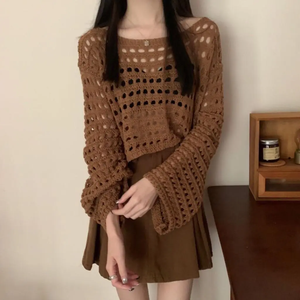 Dewi Club  Nets Knit Trumpet Sleeve Blouse Outer【Fast Ship】【COD】 Stretch Knitwear Wanita Cardigan