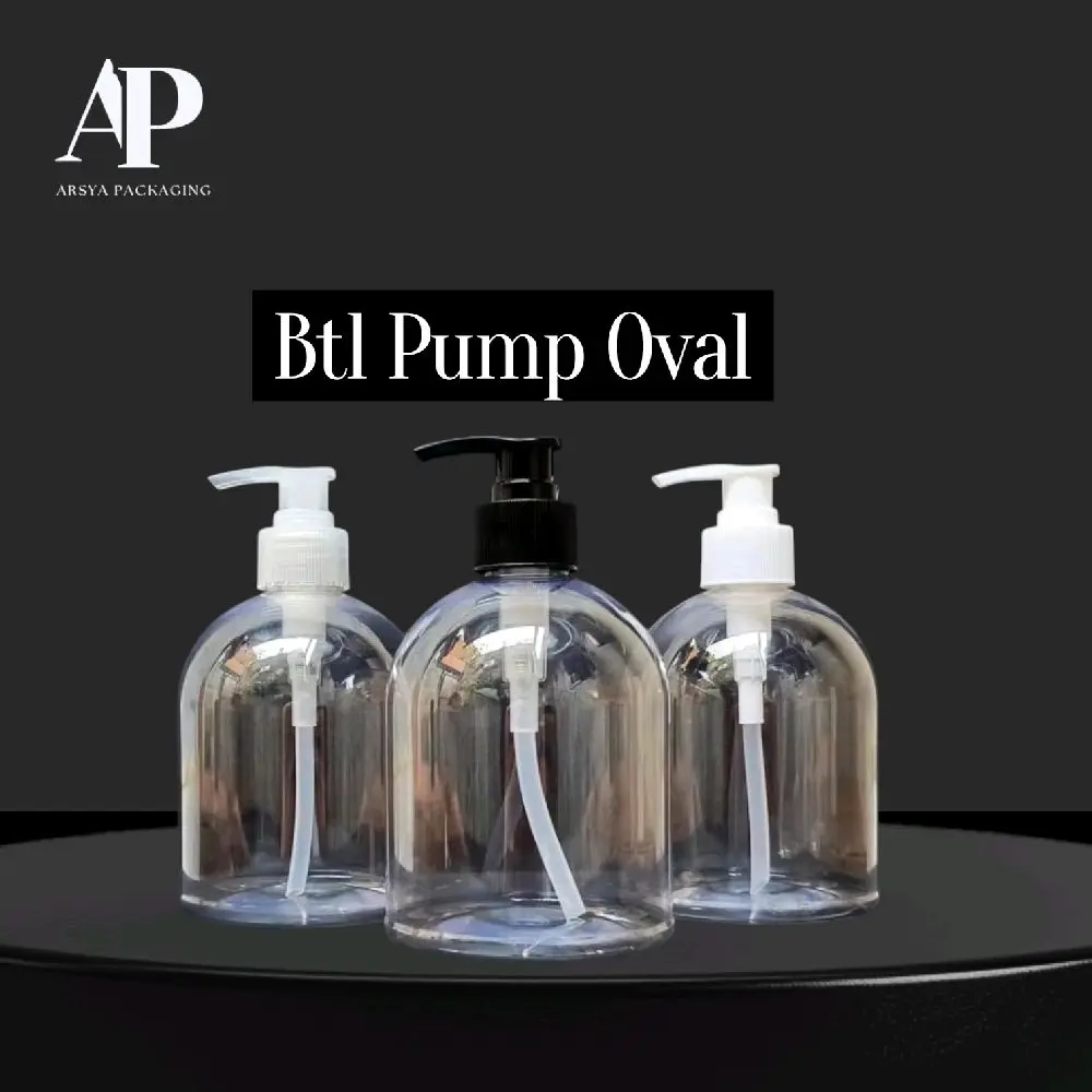 Botol Pump 500ml Oval Bening / Botol Plastik Pet Clear + Tutup Pump Lotion Hitam Putih N28
