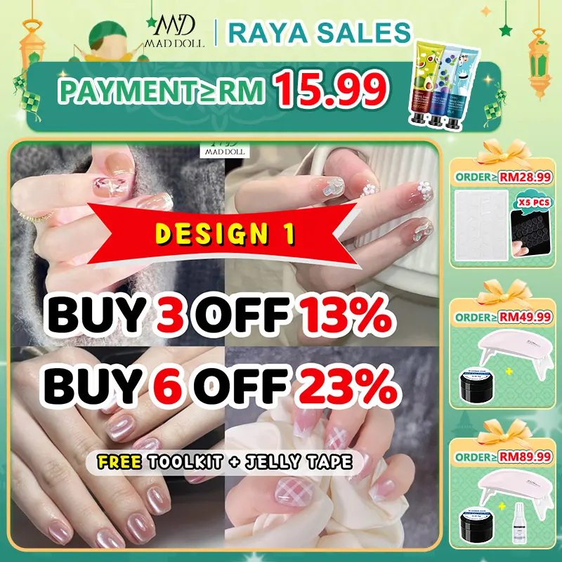 【MADDOLL】Design 1 Simple Style Set Kuku Palsu 3D French Nails Fake Nails Long Style Cute Kuku Cantik (Free Jelly Sticker, Toolkit) Polish