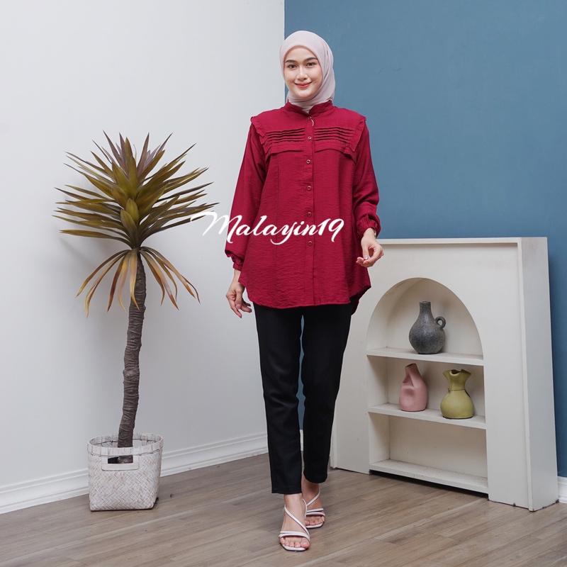 Product Introduction of Malayin19 Mecca blouse kemeja wanita polos linen kekinian Baju kerja atasan panjang muslim dewasa Casual Formal Kerah Nyaman Basic Santai 2