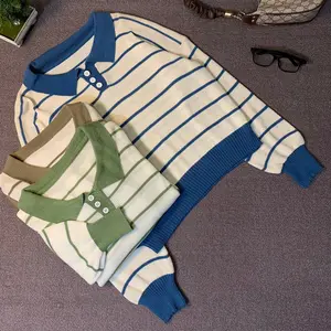 TR99 Pollo Strip Sweater Korean Style Kerah Kancing Dada Garis Knitwear Rajut Wanita Korea Atasan wanita