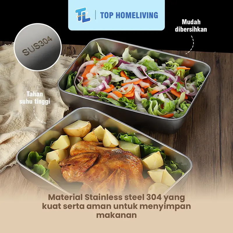 BOX Kontainer Makanan Stainless Serbaguna dengan Tutup Rapat - Tinggi 5cm x Panjang 25.5cm x Lebar 19.5cm - Penyimpanan 2