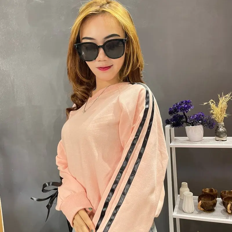 Sweater Aqeela Crop Wanita Kekinian Terbaru  Fit Crewneck Oblong Motif Lengan Pita Fleece Outer Remaja Panjang 5