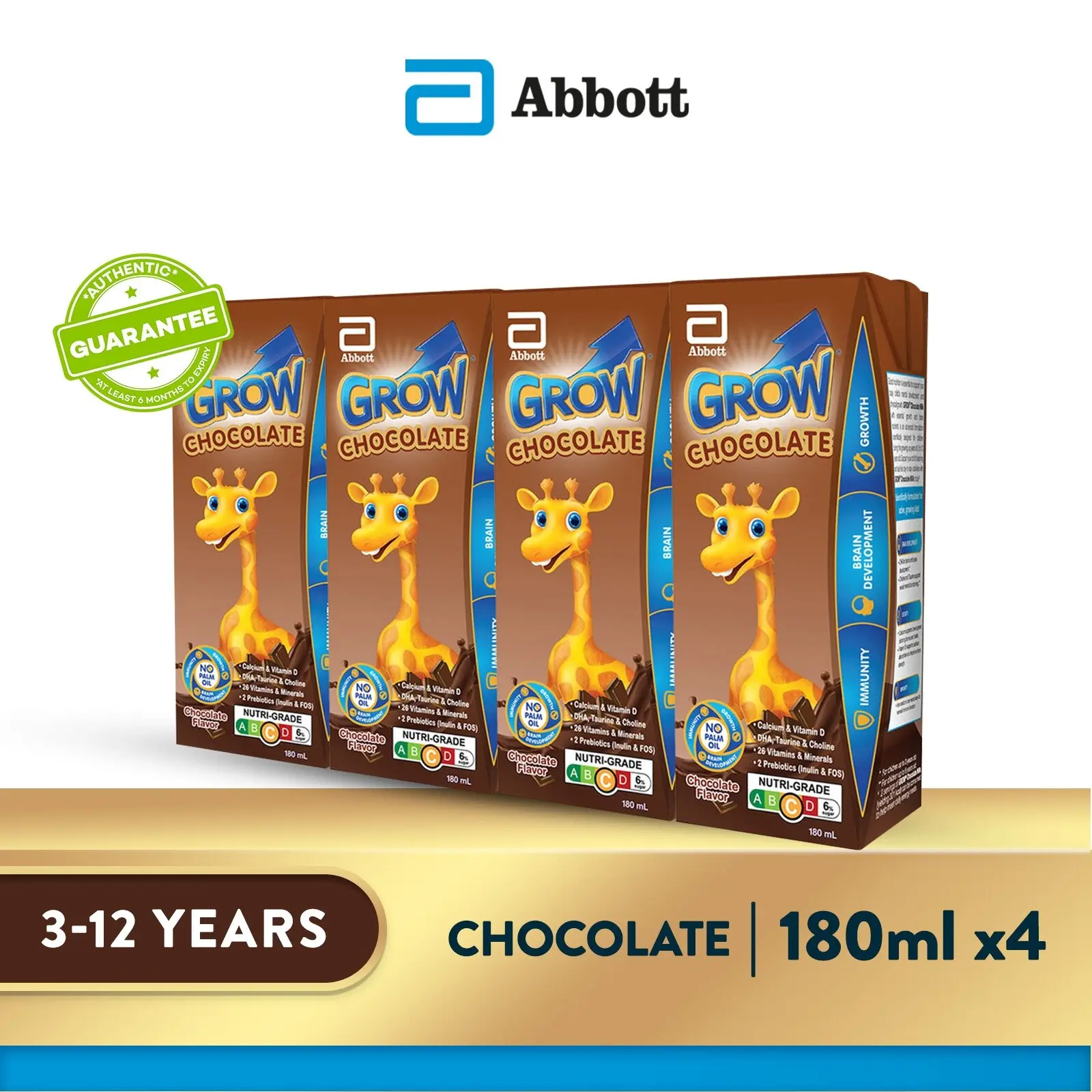 GROW Growing Up Milk for Kids - Ready-To-Drink Chocolate (3 - 12 years) - 4x180ml