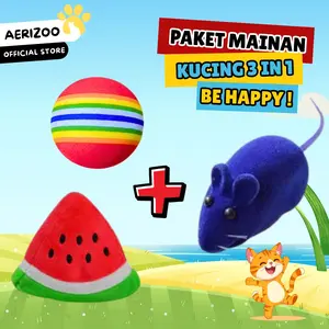 Aerizoo Paket 3in1 Mainan Gigitan Kucing : Boneka Catnip, Bola Karet, Tikus Cit-Cit - Meningkatkan Aktivitas Fisik & Mengurangi Stres