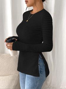 Top de rayas con manga larga y abertura lateral para mujer, ajustado, casual y de moda para la temporada otoñal, pieza básica versátil para caplaying