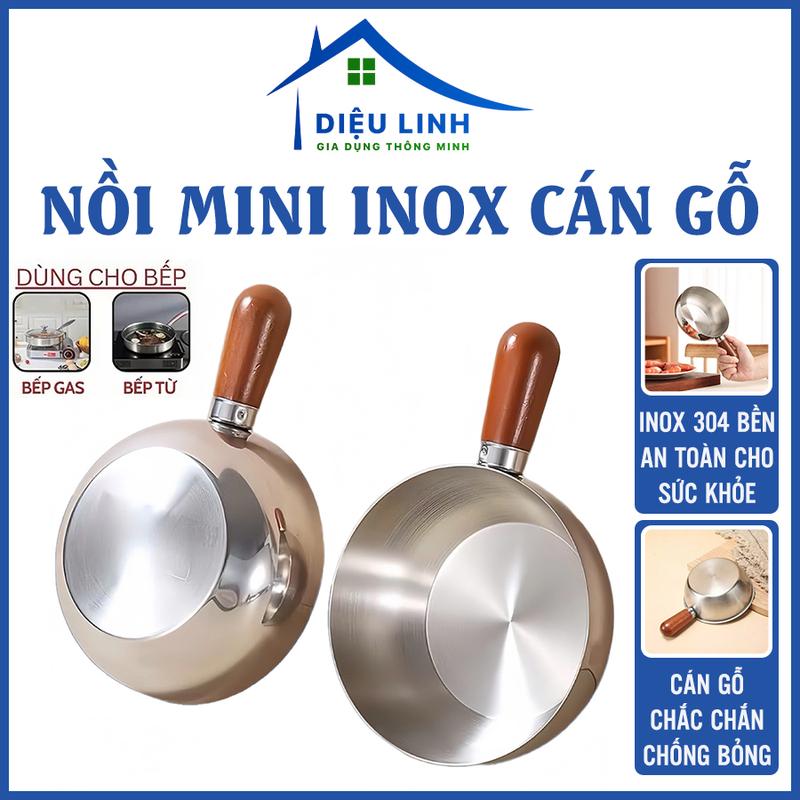 Nồi Chảo Mini Inox 14cm Cán Gỗ Chống Bỏng Tay Cầm Chắc Chắn Nấu Mì Đun Sữa Dùng…