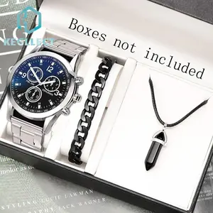 Jam Tangan Pria Gaya Glasses Kaca Bisnis Tali Stainless Steel  Kulit Jam Tangan Kasual Watches Mode 5 Buah Hitam Set