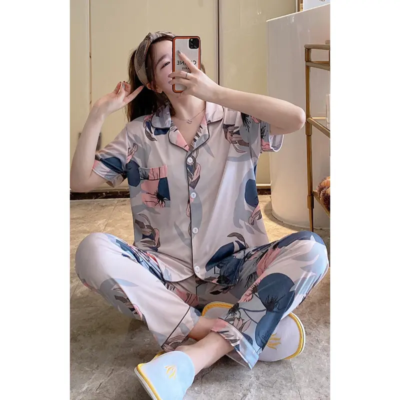 Yooyi Baju Tidur Wanita Piyama Cewek Set Kemeja Lengan Pendek Celana Panjang Style Korea Jumbo Dewasa Remaja Premium Banyak Motif 002 Fit Setelan Baju  Tidur Loose 2