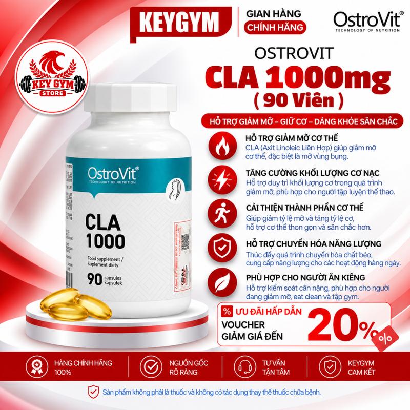 [CHÍNH HÃNG][TẶNG QUÀ] Thực Phẩm Bổ Sung Giảm Mỡ Tự Nhiên Ostrovit CLA 1000mg 90 Viên - KEYGYM
