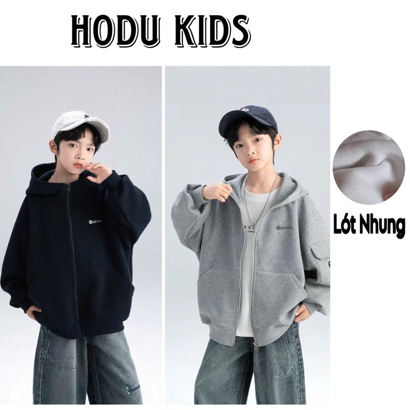   HODU KIDS  Áo khoác NỈ LÓT NHUNG cho bé trai  18-50kg  2 màu Tàn xám và đen <NEW 2025> 