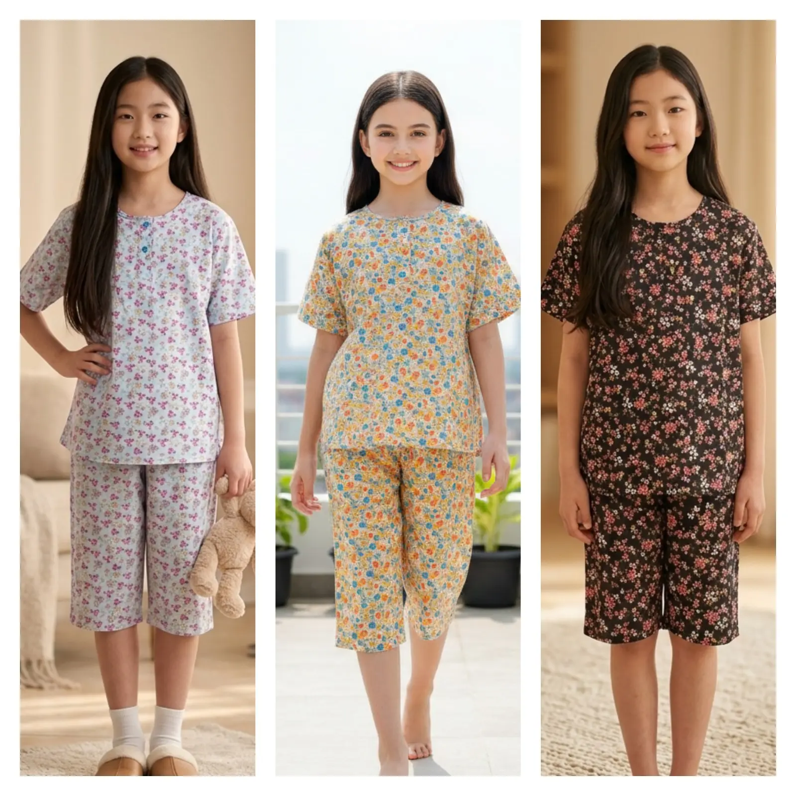 RM004 3/4 Hoki & Sheila Abg Baju Tidur Anak Perempuan Piyama Anak Perempuan Motif Terbaru Bahan Katun Premium