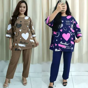 Setelan wanita lengan 7/8 adem murah hemat motif gambar LOVE