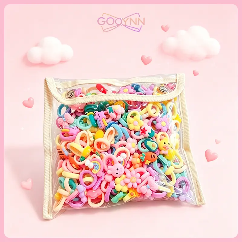 GOOYNN Set Ikat Rambut Anak-anak Yang Lucu 50/100Pcs/Ikat Rambut Anak Korea Motif Karakter Lucu Warna-Warni Scrunchies Fashion Perempuan