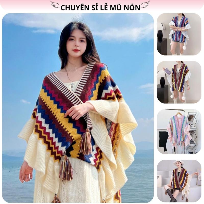  Khăn len thổ cẩm viền bèo xinh xắn cho nữ áo choàng thổ cẩm cho nữ Hoa Khăn Choàng Quàng Cổ Women Choàng Cổ Cua 