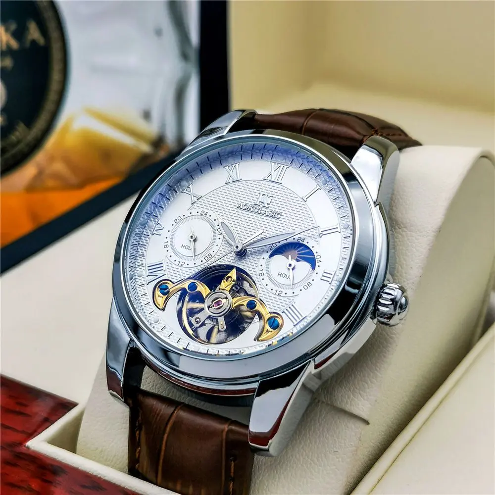 Đồng Hồ Cơ Tự Động, Dành Cho Nam Giới, Thiết Kế Trăng, Không Thấm Nước, Phong Cách Tourbillon Bộ Xương, Da Cao Cấp Rỗng, Dạ Quang, Khóa Bướm, Thời Trang Cổ Điển, Đồng Hồ