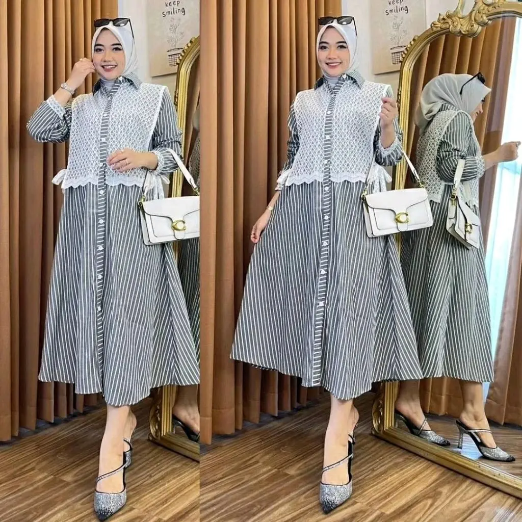 Long dress Tunik wanita Burkat Terbaru/Dress Tunik salur Ful kancing Kekinian/Tunik dress midi motif kombinasi Burkat Premium