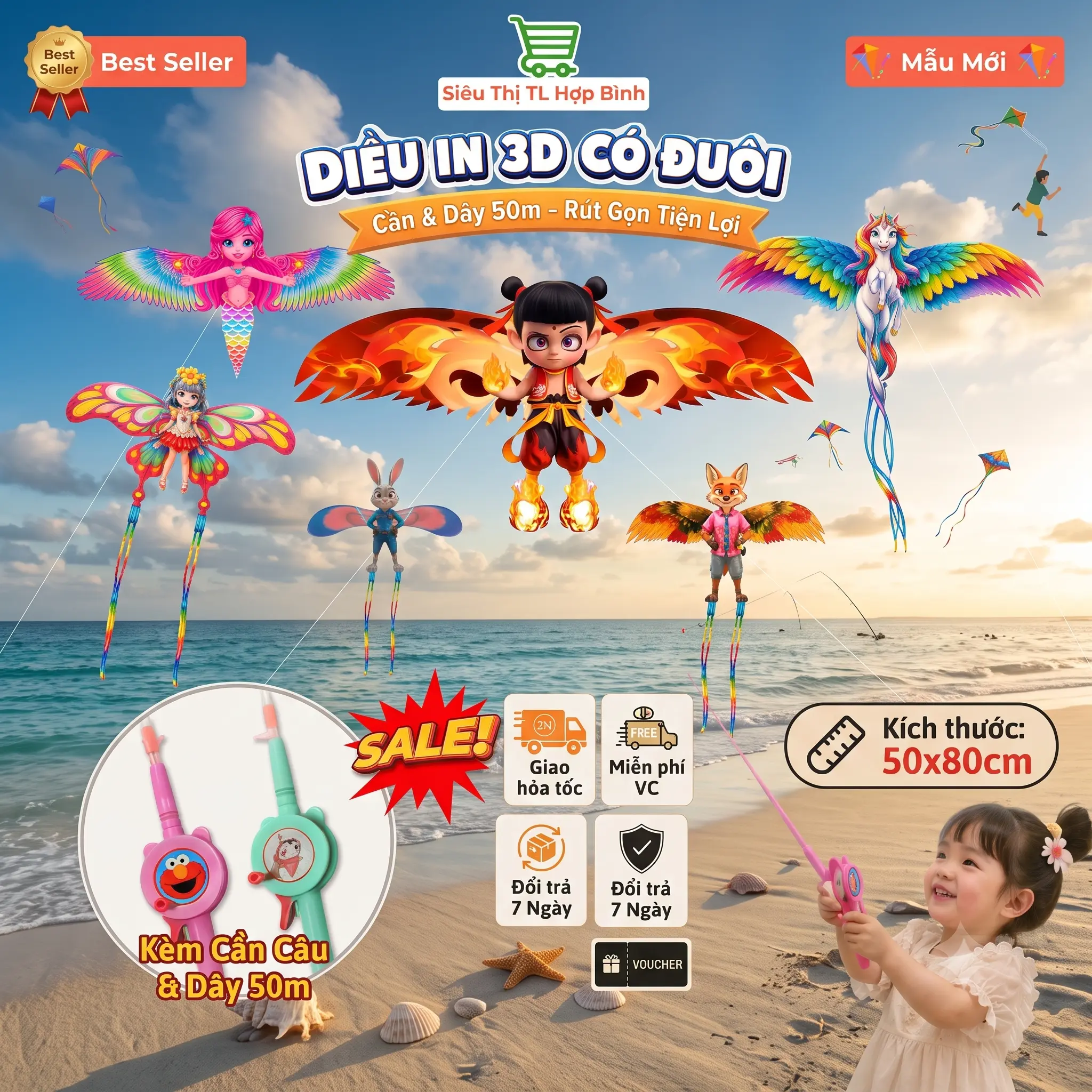 Diều Mini 3D Hoạt Hình Sắc Nét 50Cm - Có Cần Câu + Dây Thả 50m, Đồ Chơi Ngoài Trời An Toàn Cho Bé