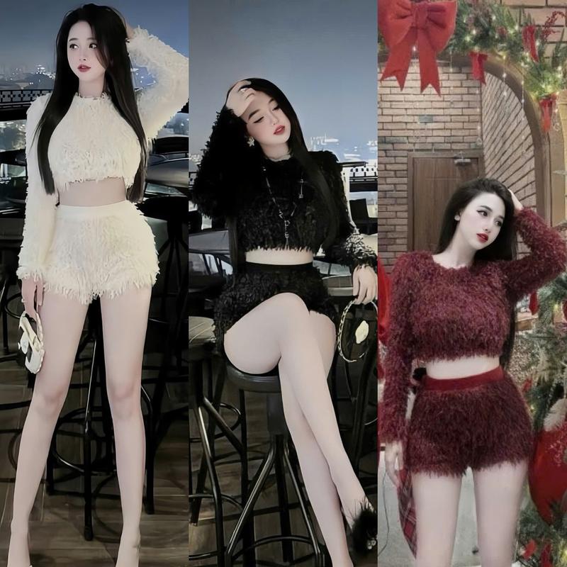  Set đồ nữ lông vũ áo croptop cổ tròn tay dài mix quần đùi với tone 2 màu xinh xắn dành cho các nàng diện đi chơi đi tiệc Women 