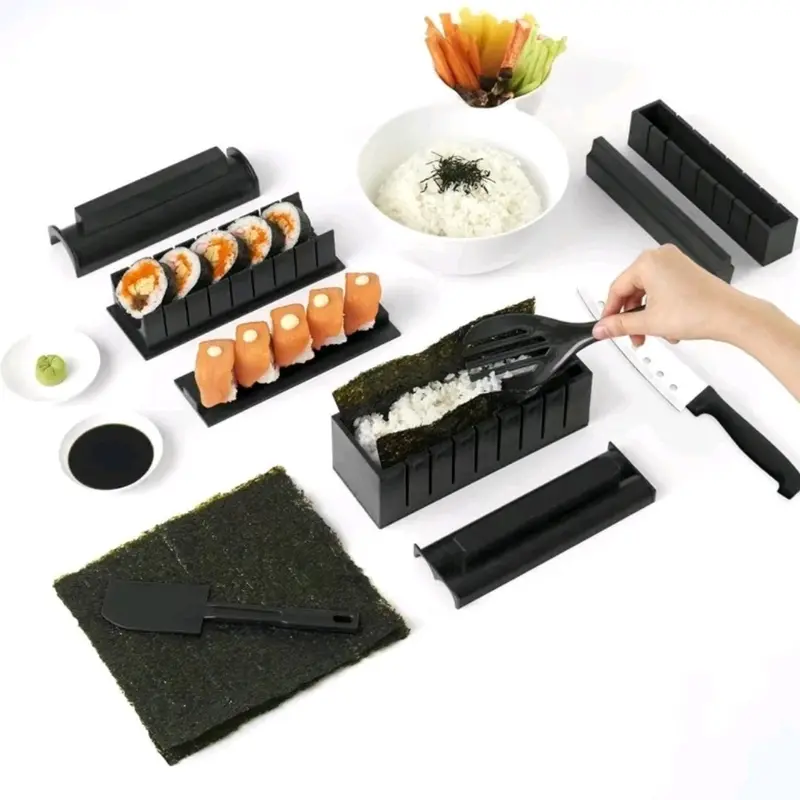 SUSHI MAKER PROFESIONAL 10SET/ CETAKAN SUSHI LENGKAP Alat Bulat, love,kotak hitam plasik premium 0