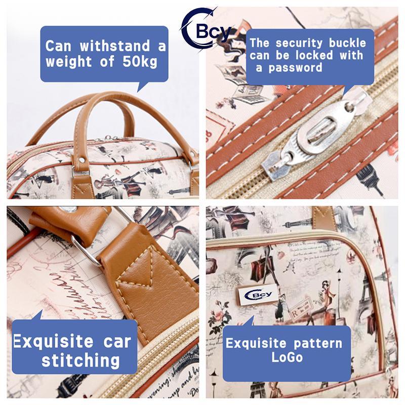 CBCY Tas Perjalanan Kapasitas Besar 50 Liter multifungsi PU Tahan Air Unisex Gaya Eropa Amerika Cetak Kartun Tas Tangan Koper Akhir Pekan Keluarga Travel Wanita Pria Mudik Grid Hitam two way zipper zips