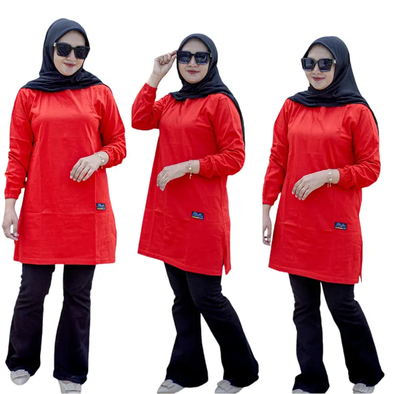 TUNIK POLOS 01 TUNIK JUMBO ATASAN KAOS WANITA LENGAN PANJANG KERUT PAKAI KARET JAHITAN BAWAH BELAH PINGGIR Katun combed dewasa Polos Muslim Oversize Basic Tebal Tebal 7
