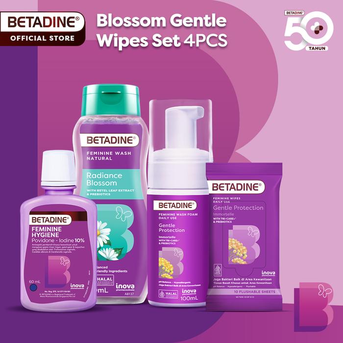 Gambar Betadine Feminine Care Bundle Blossom Gentle Wipes Set - Feminine Wash dengan Ekstrak Daun Sirih & Prebiotik – Membantu Mengurangi Bau Tidak Sedap, Menjaga Kesegaran, pH Seimbang, Perawatan Area Kewanitaan Sehari-hari dari Betadine Shop Kota Tangerang Tokopedia